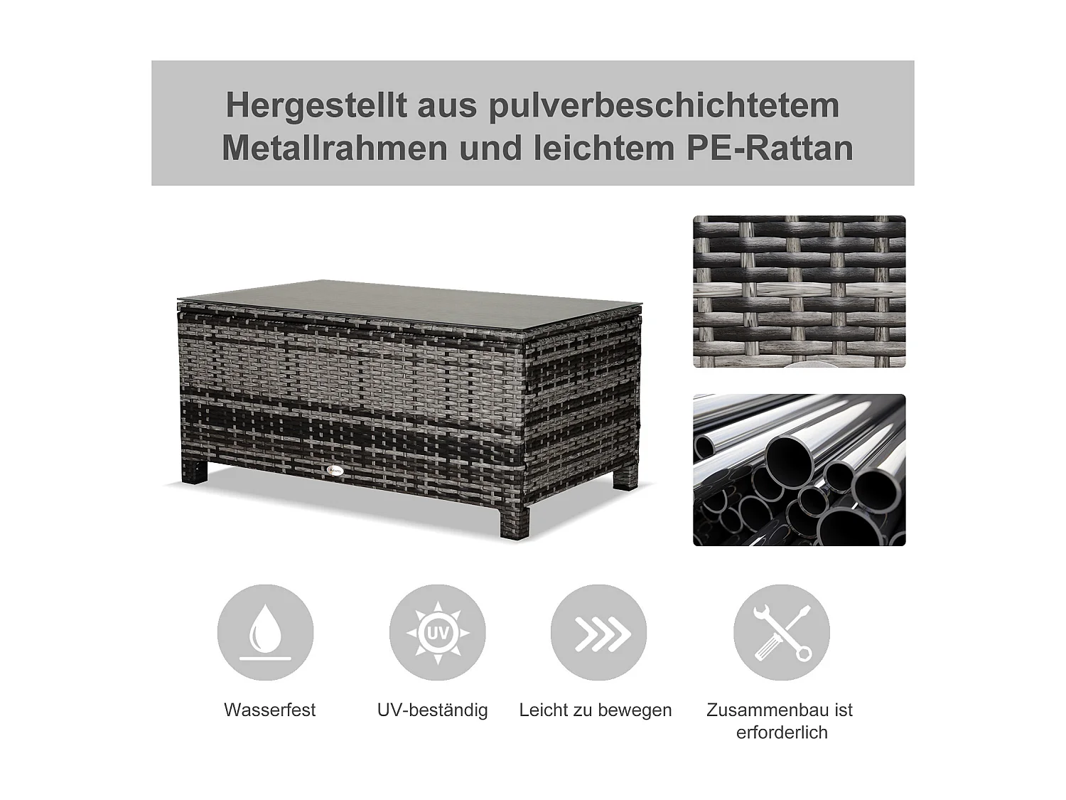 Rechthoekige tuinsalontafel, grijs polyrotan, gehard glazen blad, voor terras & balkon (85x50x39cm)