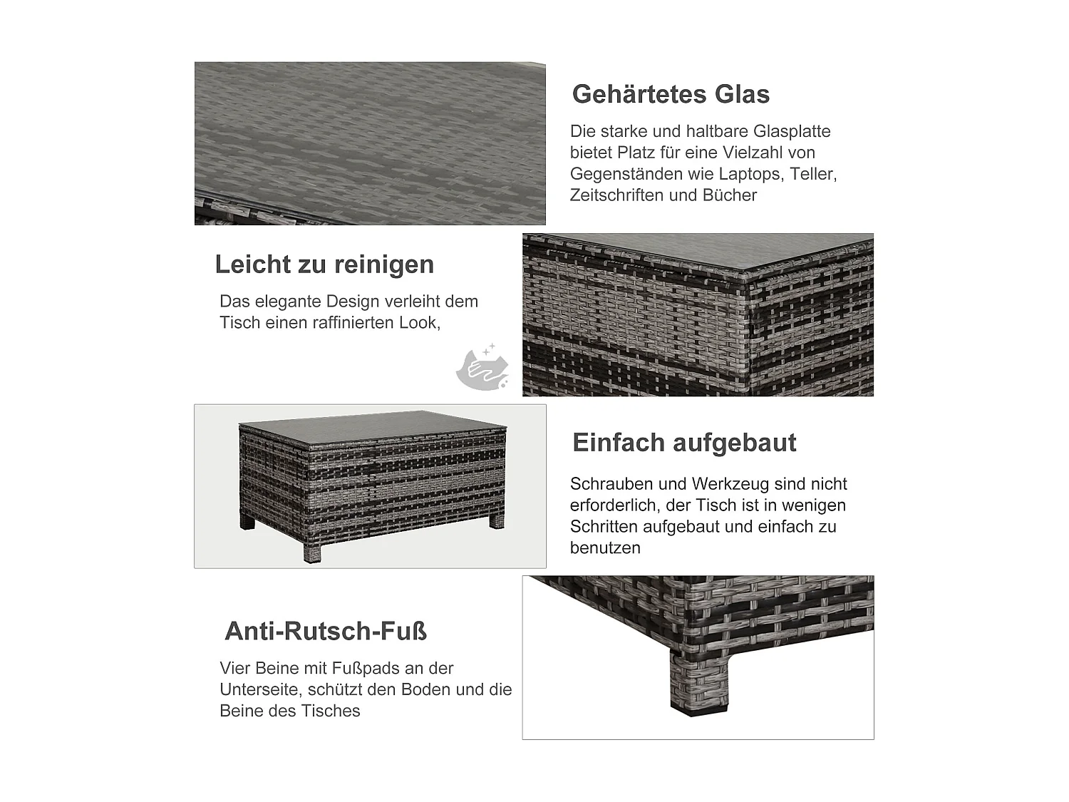 Rechthoekige tuinsalontafel, grijs polyrotan, gehard glazen blad, voor terras & balkon (85x50x39cm)