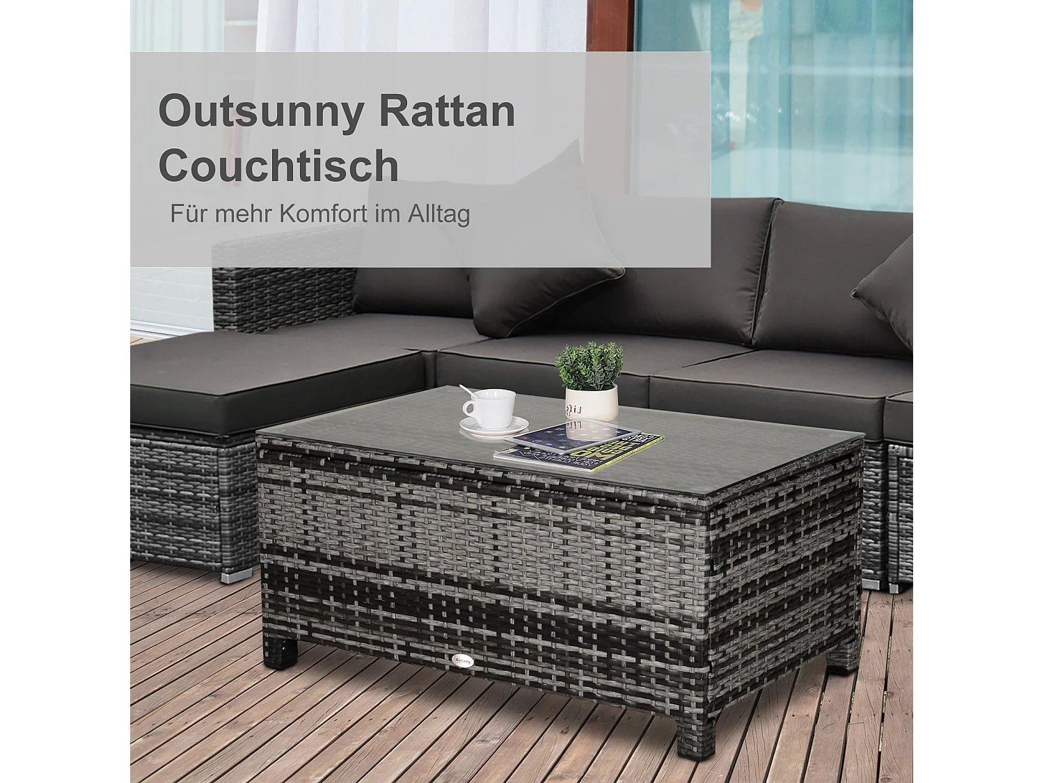 Rechthoekige tuinsalontafel, grijs polyrotan, gehard glazen blad, voor terras & balkon (85x50x39cm)