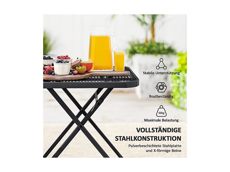 Opvouwbare tuintafel, modern design met uitsparingen, staal, zwart (70x70x72cm)