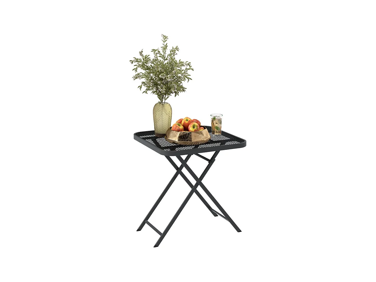 Mesa de jardín plegable, diseño moderno con motivos recortados, acero, color negro (70x70x72cm)