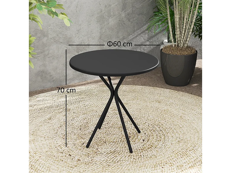Table ronde pliante en métal, avec pied antidérapant, noire, (60x60x70 cm)