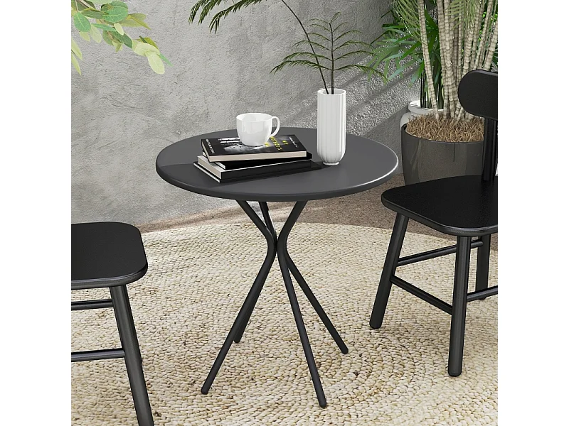 Table ronde pliante en métal, avec pied antidérapant, noire, (60x60x70 cm)