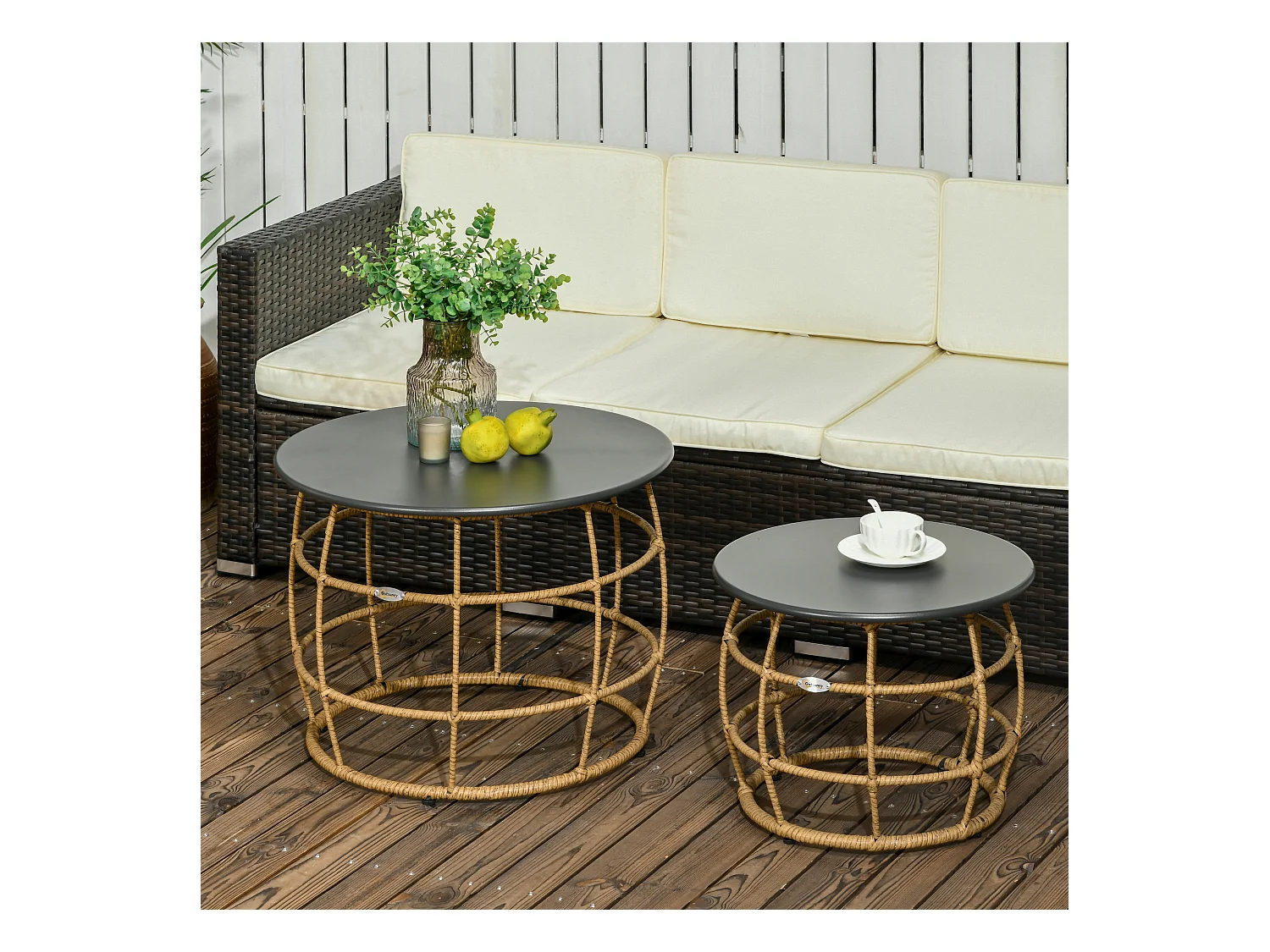 Set van 2 handgeweven salontafels, boho-design, PE-rotan, zand (Ø60x47 cm en Ø46x37 cm)