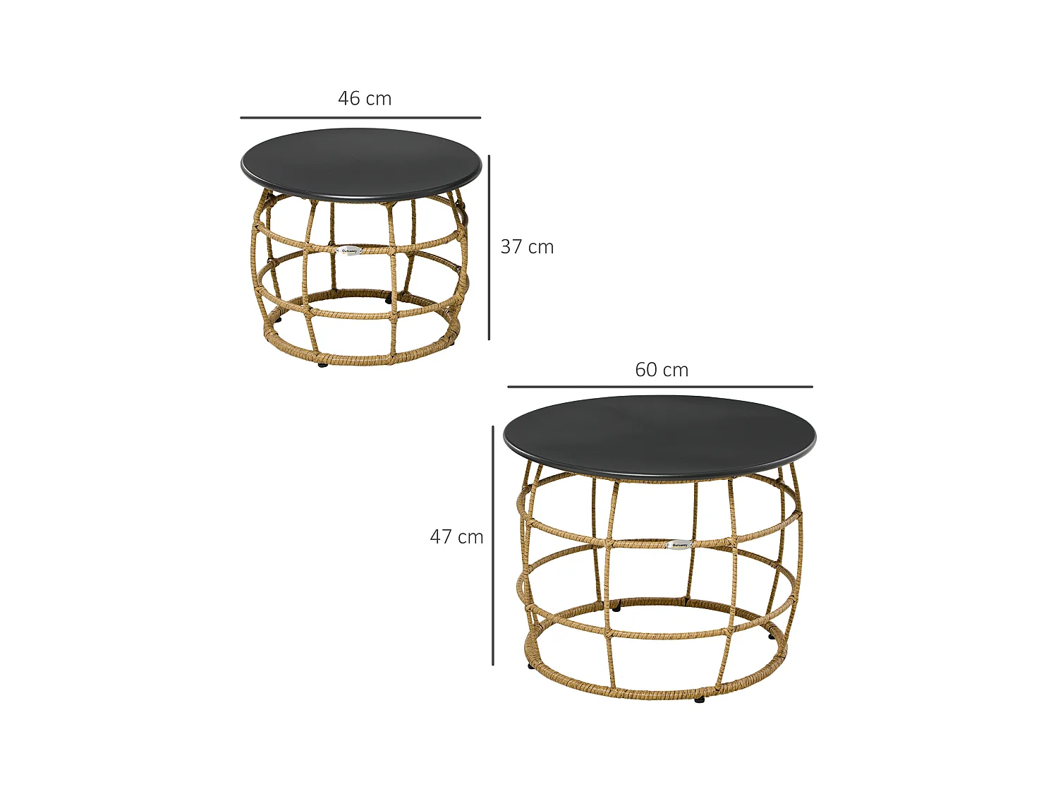 Set van 2 handgeweven salontafels, boho-design, PE-rotan, zand (Ø60x47 cm en Ø46x37 cm)