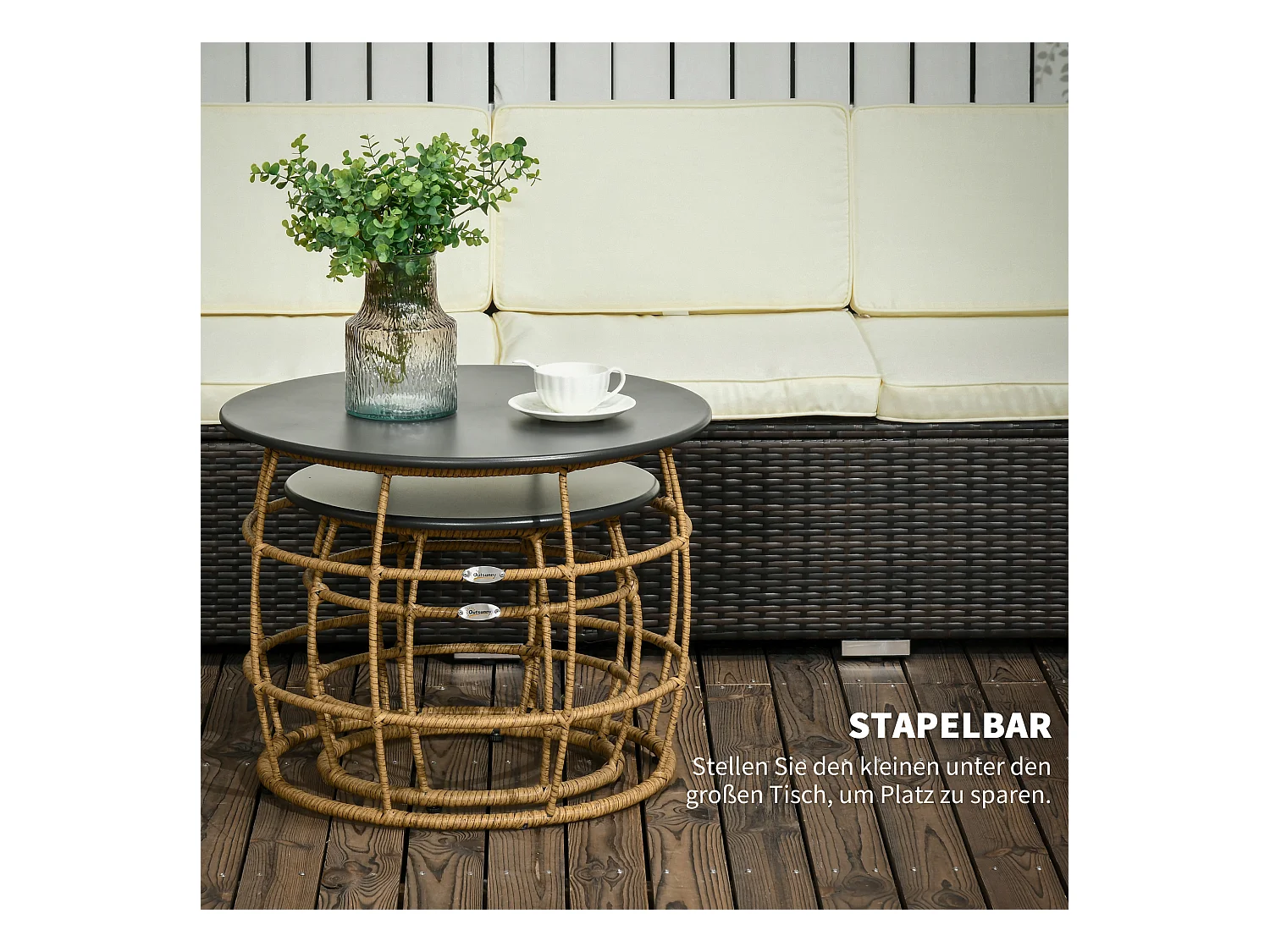 Set van 2 handgeweven salontafels, boho-design, PE-rotan, zand (Ø60x47 cm en Ø46x37 cm)