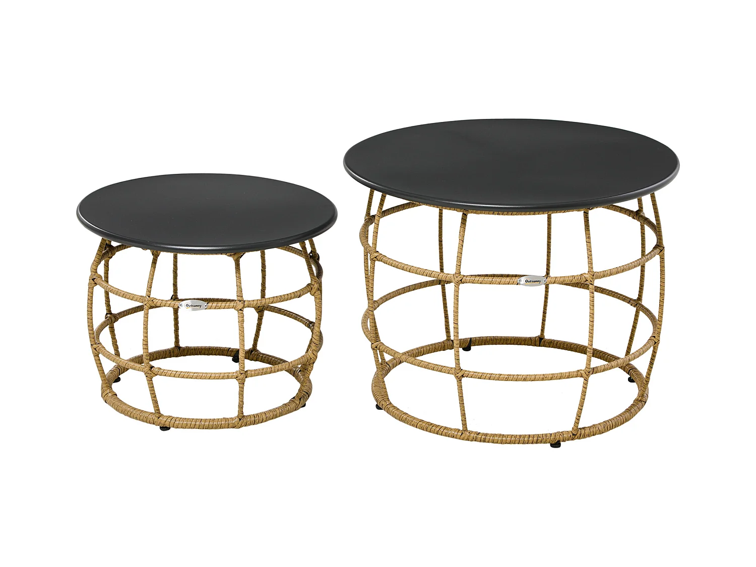 Set di 2 tavolini da caffè intrecciati a mano, design boho, rattan PE, sabbia (Ø60x47 cm e Ø46x37 cm)