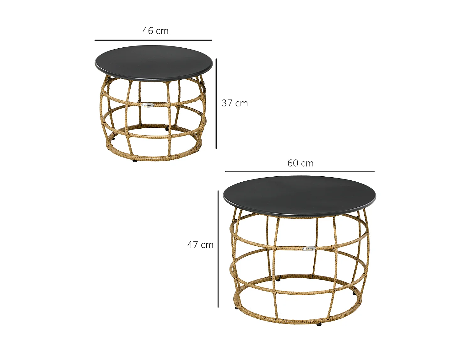 Set de 2 tables basses tressées à la main, design boho, rotin PE, sable (Ø60x47 cm et Ø46x37 cm)