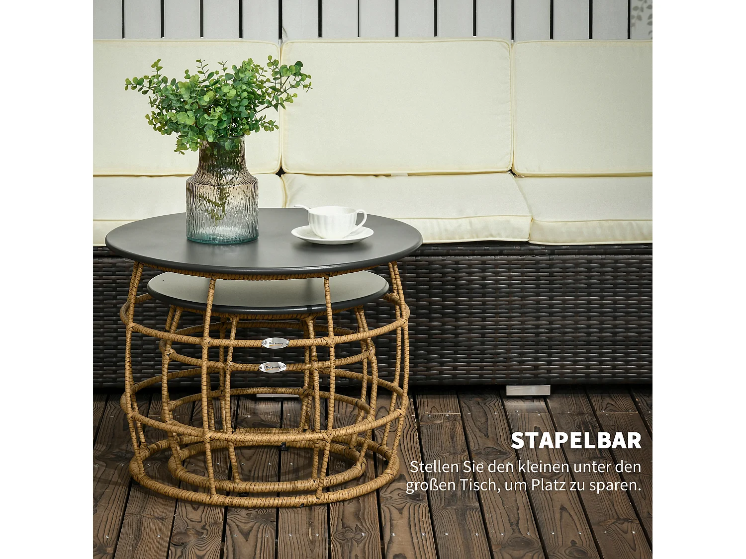 Set de 2 tables basses tressées à la main, design boho, rotin PE, sable (Ø60x47 cm et Ø46x37 cm)