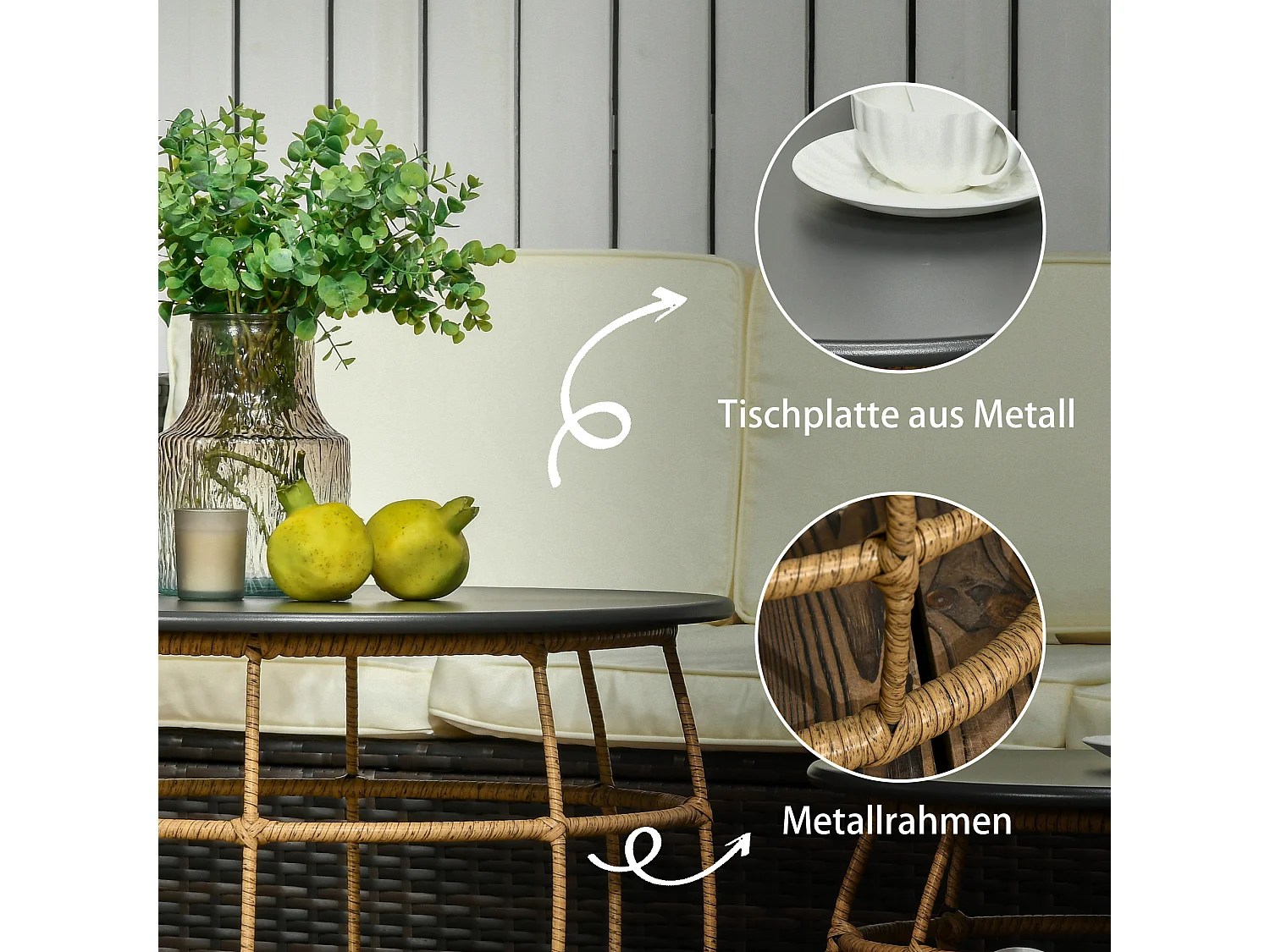 Set de 2 tables basses tressées à la main, design boho, rotin PE, sable (Ø60x47 cm et Ø46x37 cm)