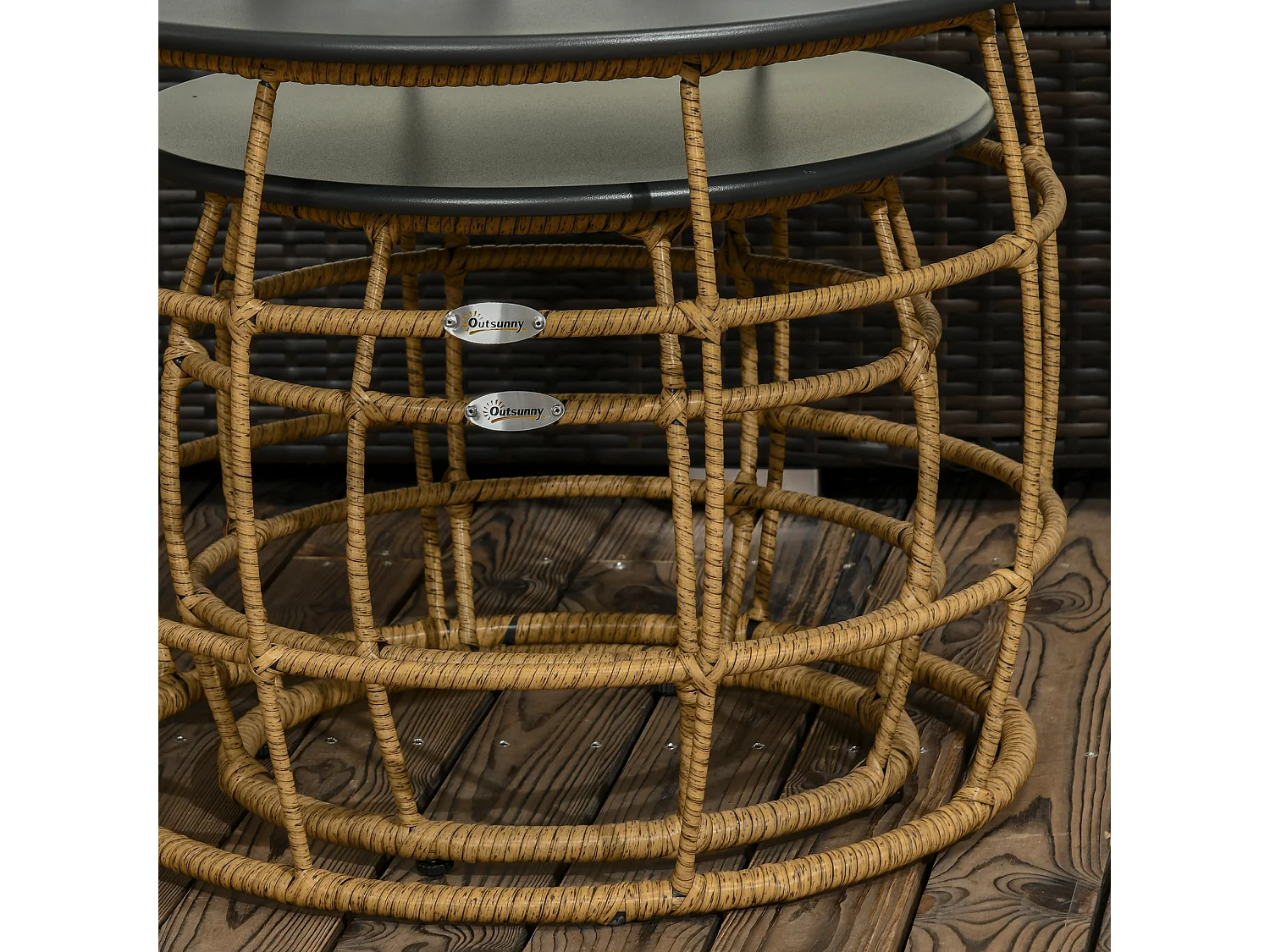 Set de 2 tables basses tressées à la main, design boho, rotin PE, sable (Ø60x47 cm et Ø46x37 cm)