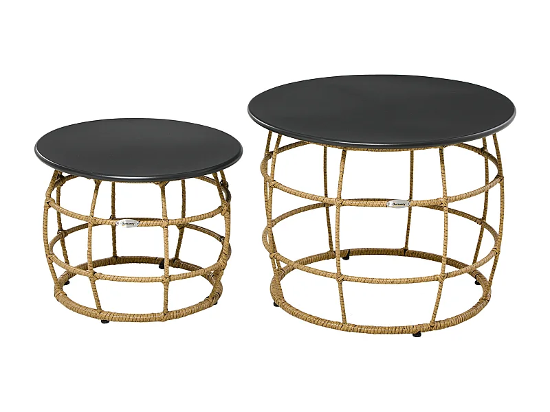 Set de 2 tables basses tressées à la main, design boho, rotin PE, sable (Ø60x47 cm et Ø46x37 cm)
