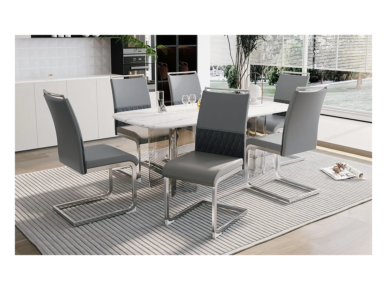 Lot de 4 chaises de salle à manger modernes, dossier en PU et lin, assise en velours gris, structure métallique (47x43x86 cm)