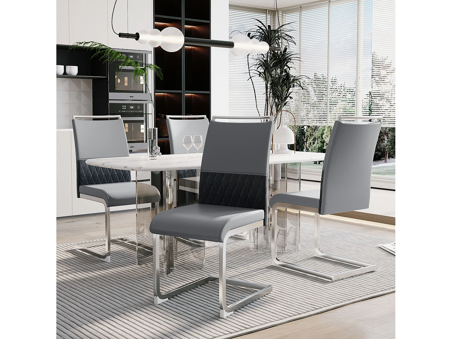 Lot de 4 chaises de salle à manger modernes, dossier en PU et lin, assise en velours gris, structure métallique (47x43x86 cm)