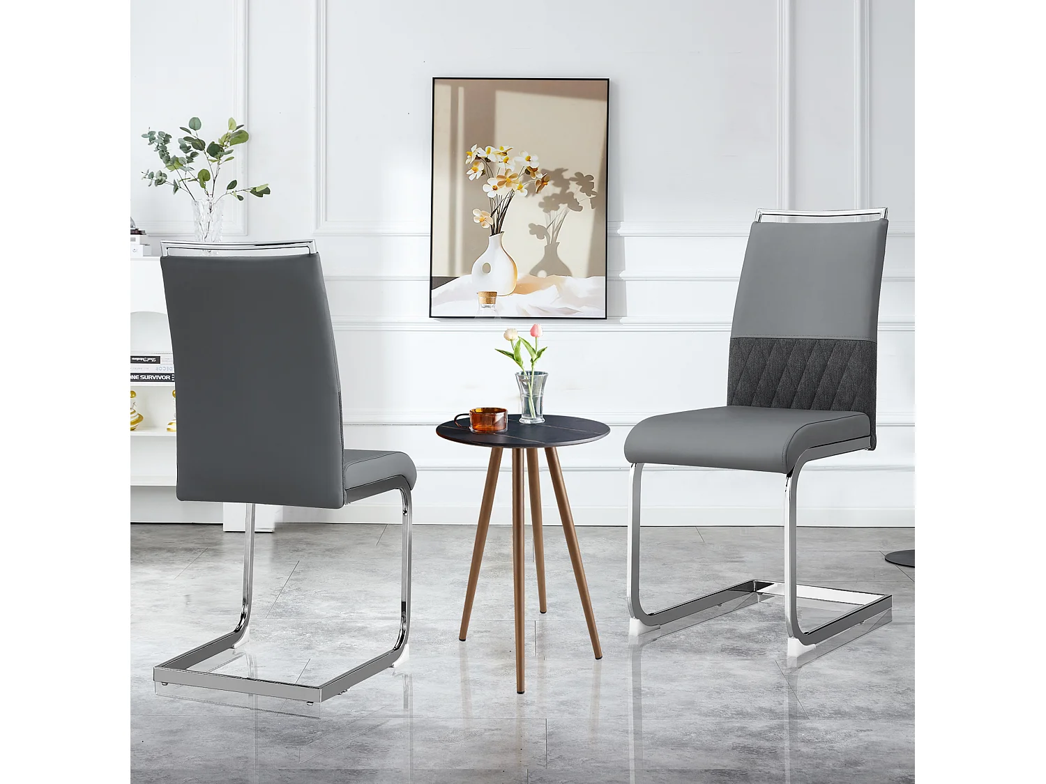 Lot de 4 chaises de salle à manger modernes, dossier en PU et lin, assise en velours gris, structure métallique (47x43x86 cm)