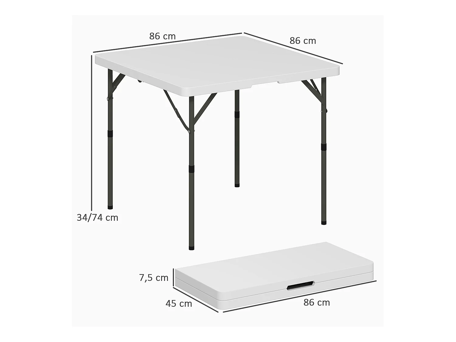 Verstelbare, opvouwbare kampeertafel, modern design, kunststof en metaal, wit (86x86x74 cm)