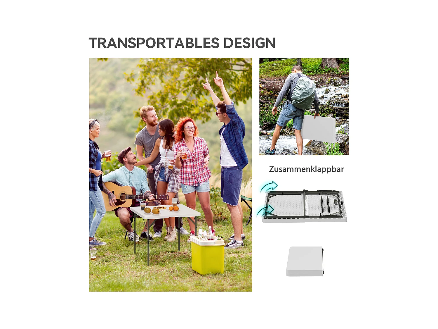 Verstelbare, opvouwbare kampeertafel, modern design, kunststof en metaal, wit (86x86x74 cm)