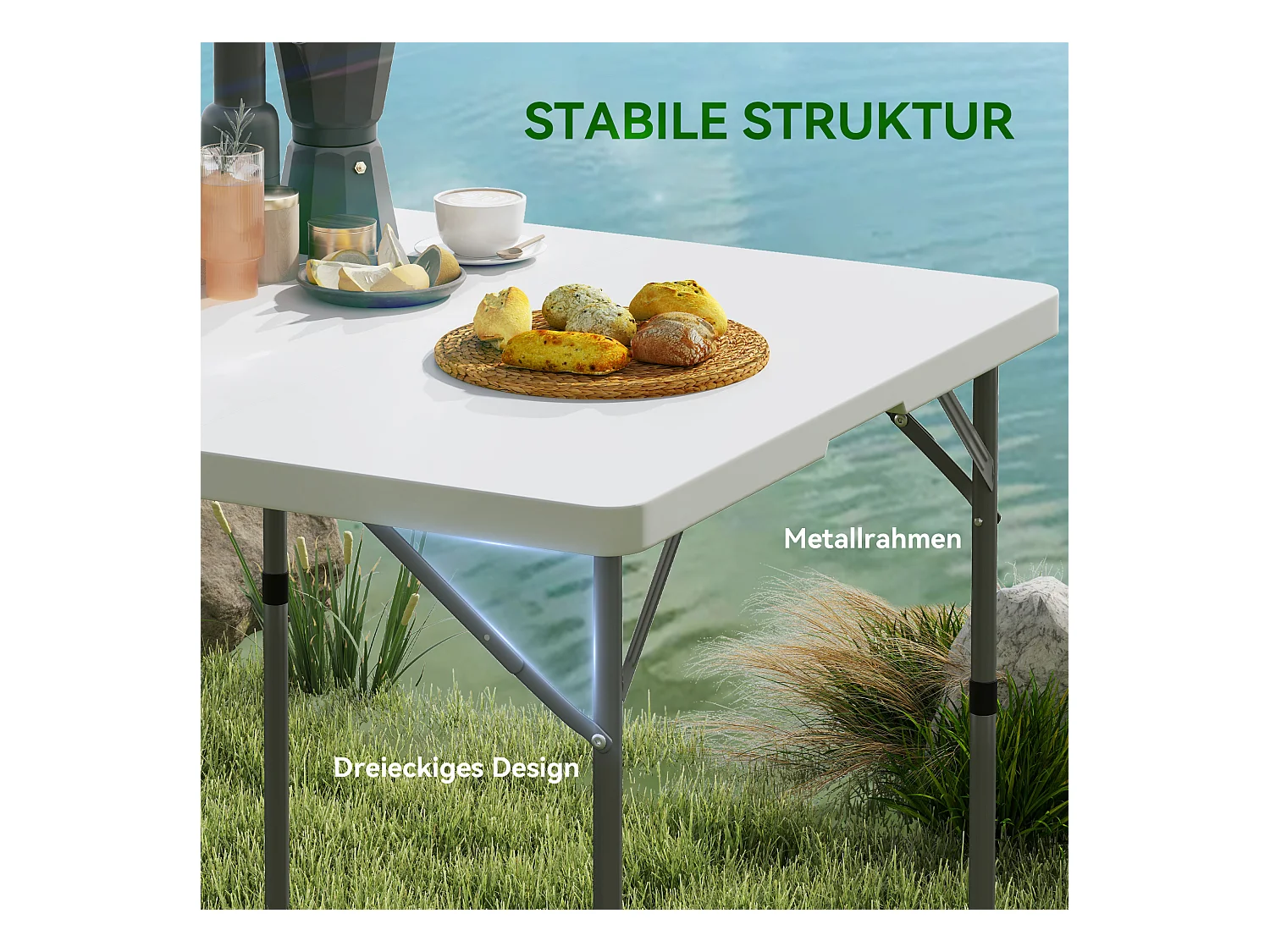 Verstelbare, opvouwbare kampeertafel, modern design, kunststof en metaal, wit (86x86x74 cm)