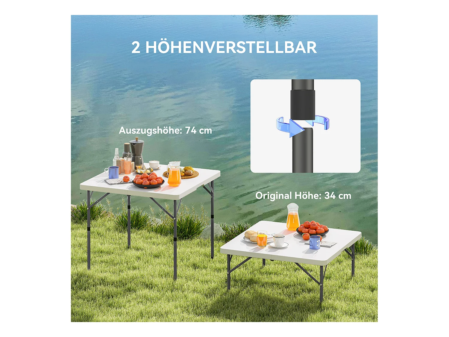 Verstelbare, opvouwbare kampeertafel, modern design, kunststof en metaal, wit (86x86x74 cm)