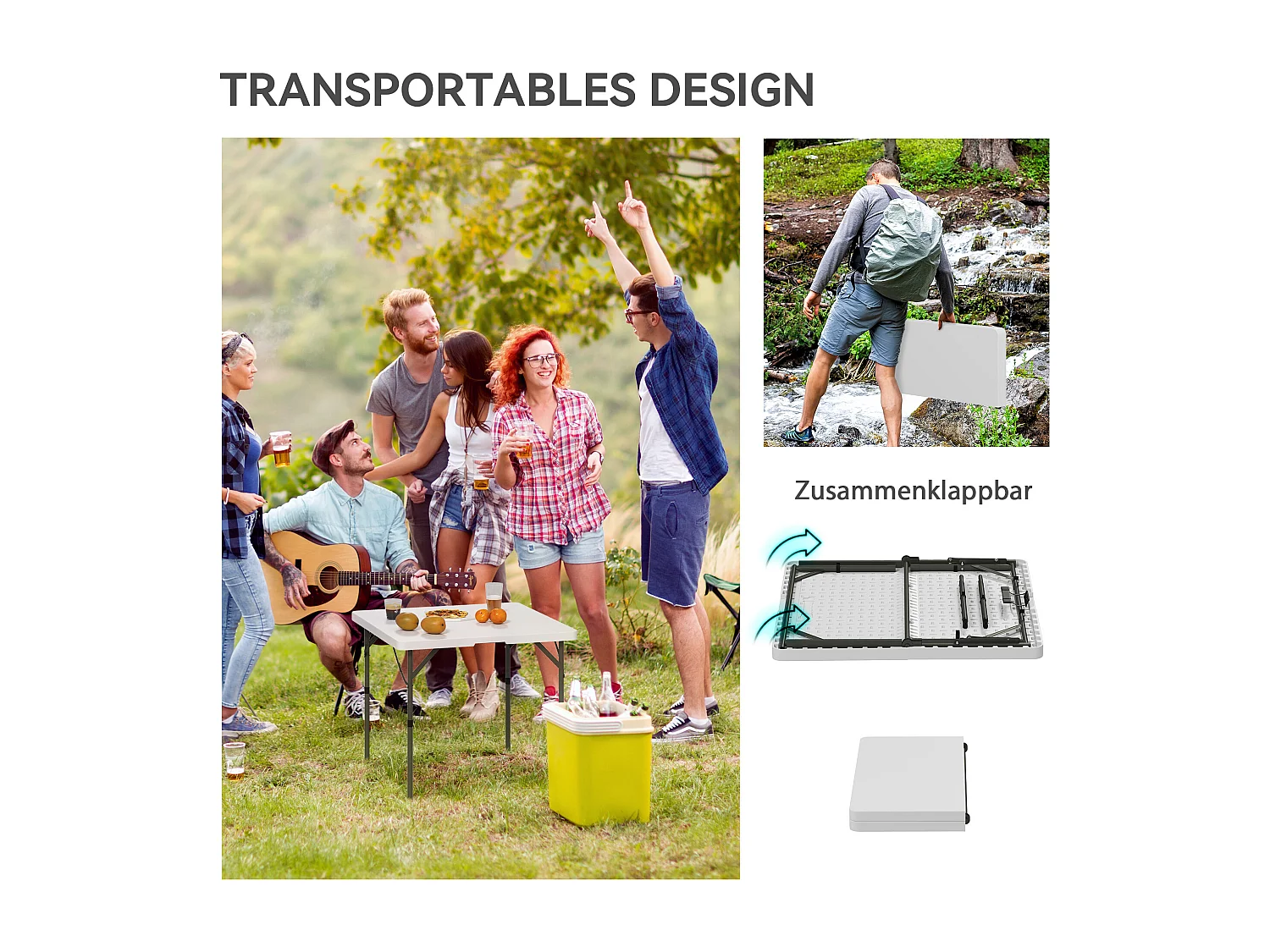 Table pliante de camping réglable, design moderne, plastique et métal, blanche (86x86x74 cm)