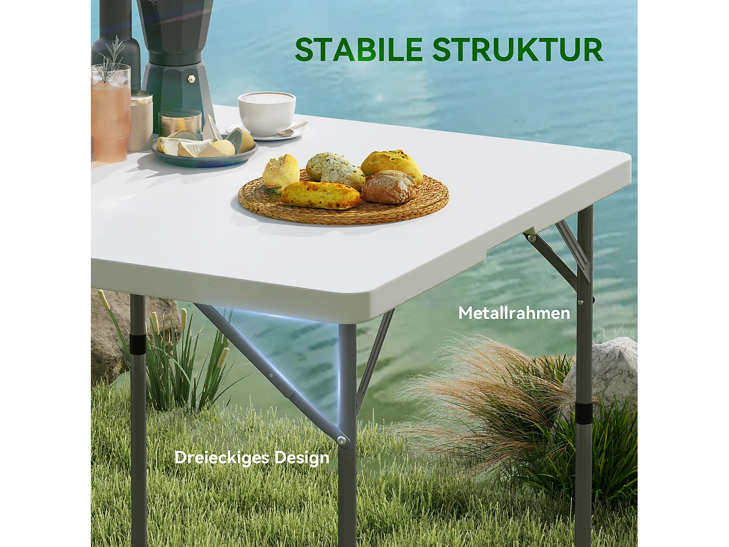 Table pliante de camping réglable, design moderne, plastique et métal, blanche (86x86x74 cm)
