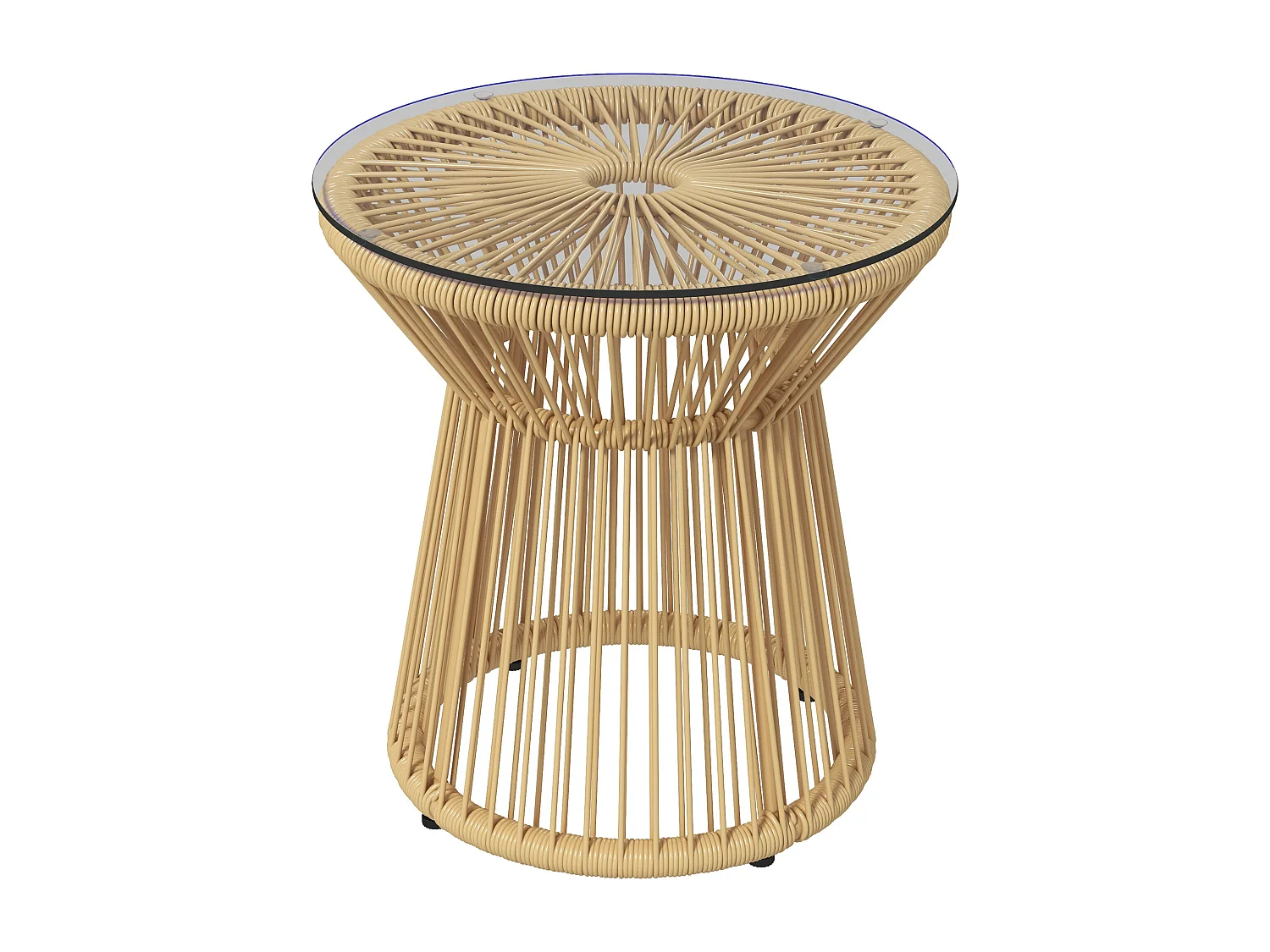 Ronde bijzettafel van gehard glas, trommeldesign, synthetisch rotan en metaal, beige (Ø40x42cm)