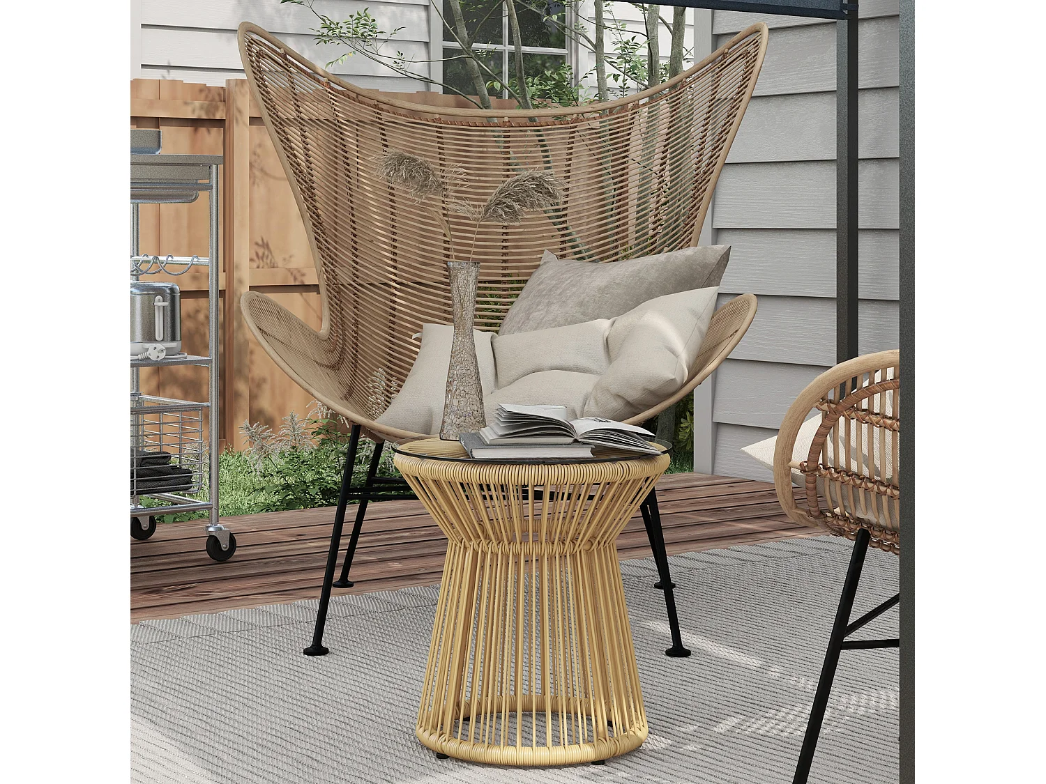 Ronde bijzettafel van gehard glas, trommeldesign, synthetisch rotan en metaal, beige (Ø40x42cm)