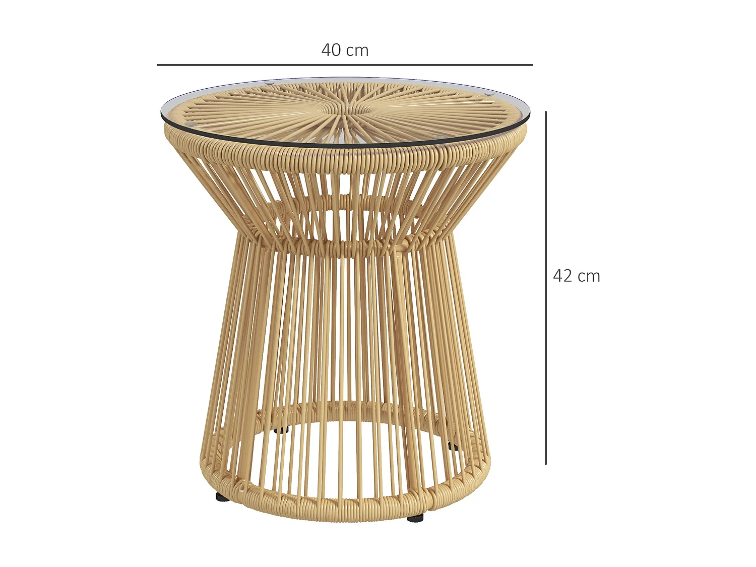 Ronde bijzettafel van gehard glas, trommeldesign, synthetisch rotan en metaal, beige (Ø40x42cm)
