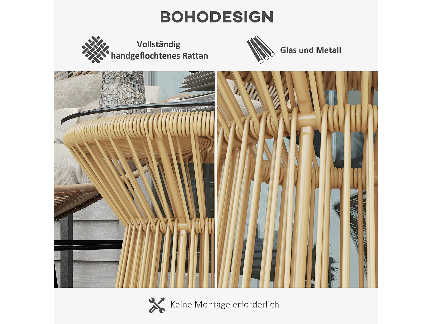 Ronde bijzettafel van gehard glas, trommeldesign, synthetisch rotan en metaal, beige (Ø40x42cm)
