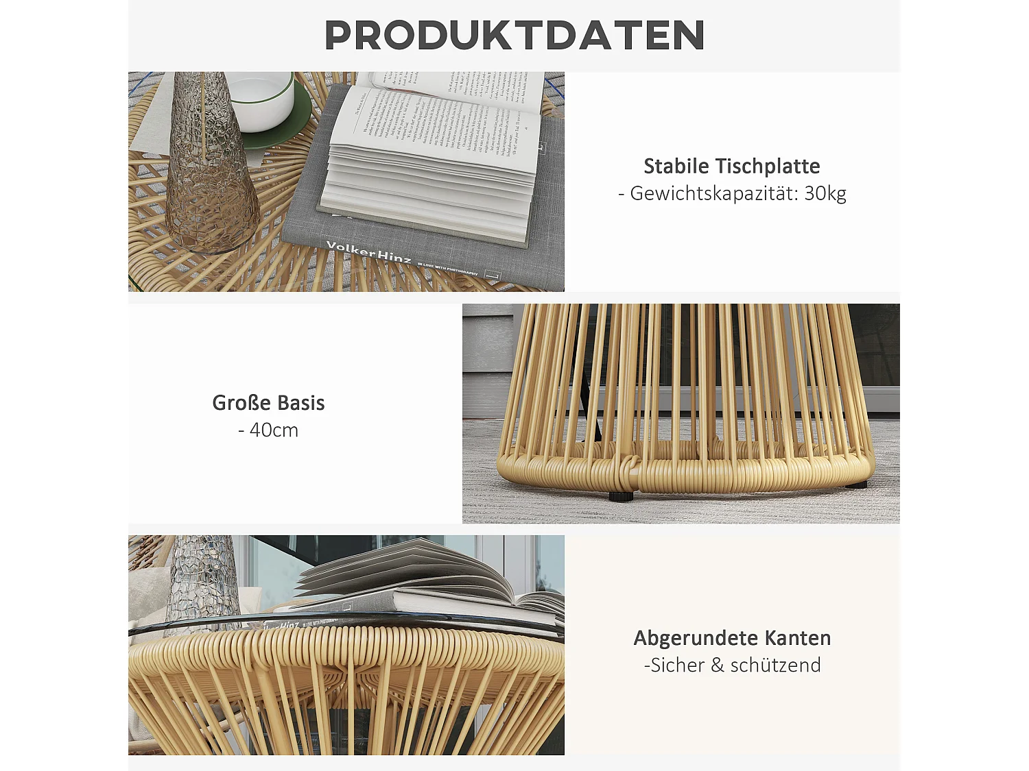 Ronde bijzettafel van gehard glas, trommeldesign, synthetisch rotan en metaal, beige (Ø40x42cm)