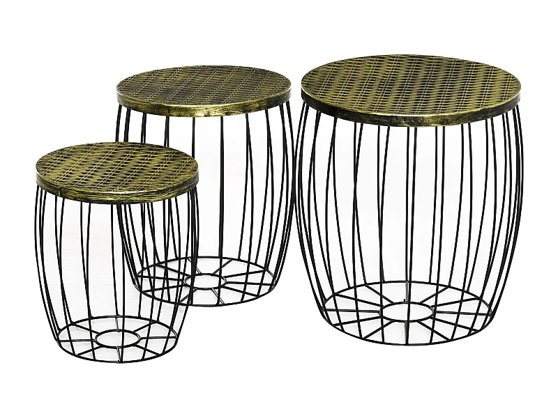 Set van 3 retro-stijl bijzettafels, metaal en rotan, zwart en naturel, stapelbaar (38x38x41cm)