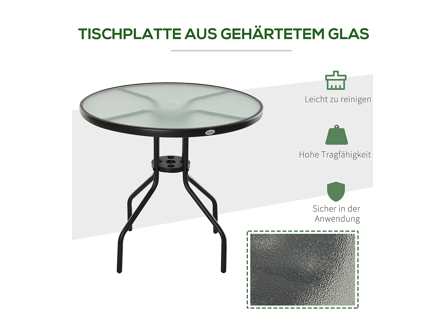 Tavolo da bistrot rotondo in vetro temperato con foro per ombrellone, metallo, nero (Ø80x72cm)