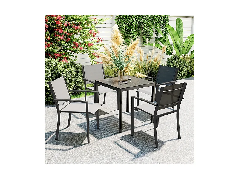 Aluminium tuintafel, weerbestendig design met houtfinish, zwart, voor 4 personen (73x73x72 cm)