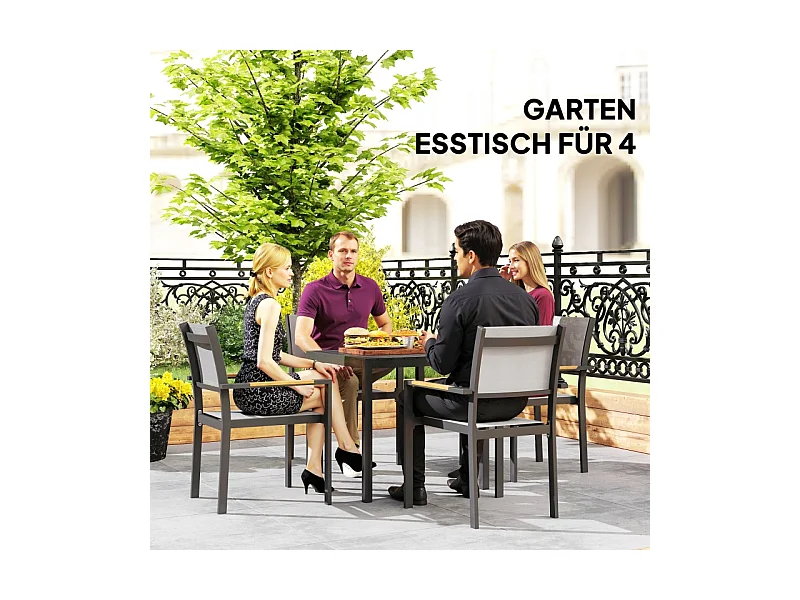 Aluminium tuintafel, weerbestendig design met houtfinish, zwart, voor 4 personen (73x73x72 cm)