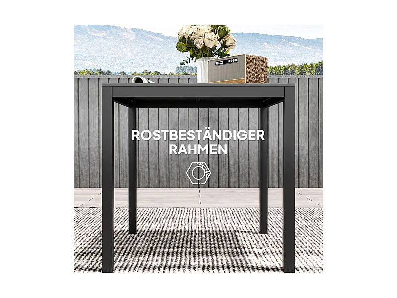 Aluminium tuintafel, weerbestendig design met houtfinish, zwart, voor 4 personen (73x73x72 cm)