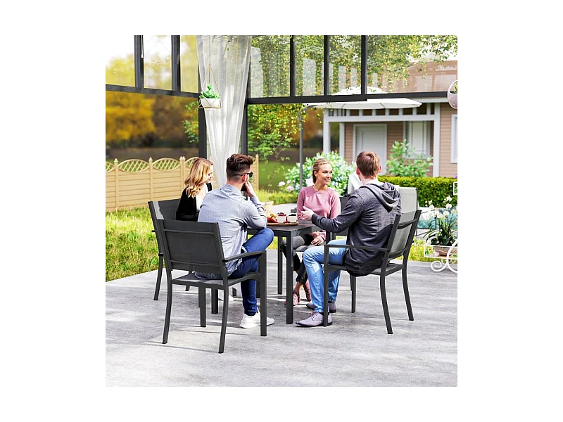 Aluminium tuintafel, weerbestendig design met houtfinish, zwart, voor 4 personen (73x73x72 cm)