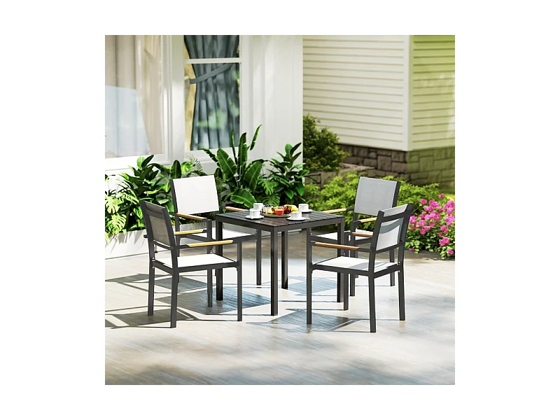 Aluminium tuintafel, weerbestendig design met houtfinish, zwart, voor 4 personen (73x73x72 cm)