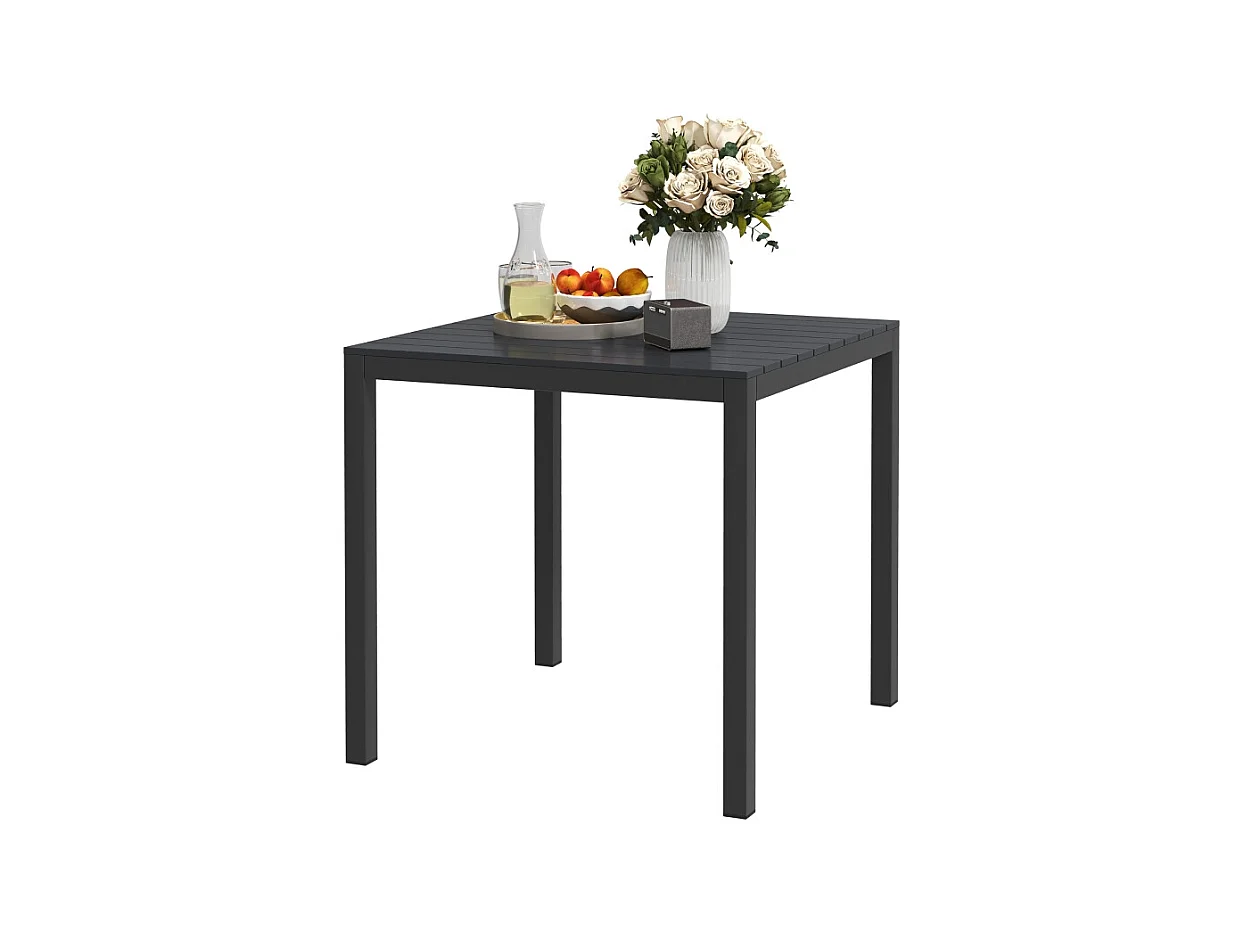 Tavolo da giardino in alluminio, design resistente alle intemperie con finitura in legno, nero, per 4 persone (73x73x72 cm)