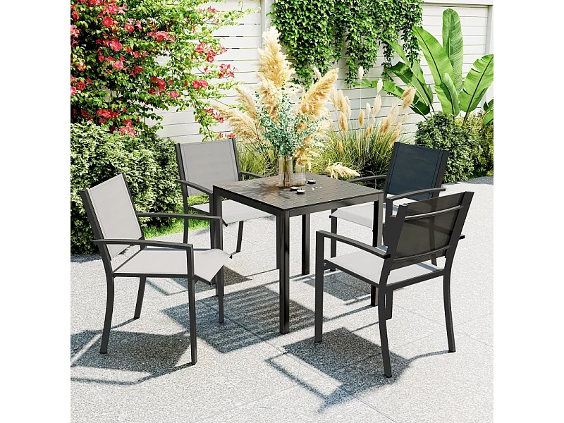 Table de jardin en aluminium, design résistant aux intempéries avec finition bois, noire, pour 4 personnes (73x73x72 cm)