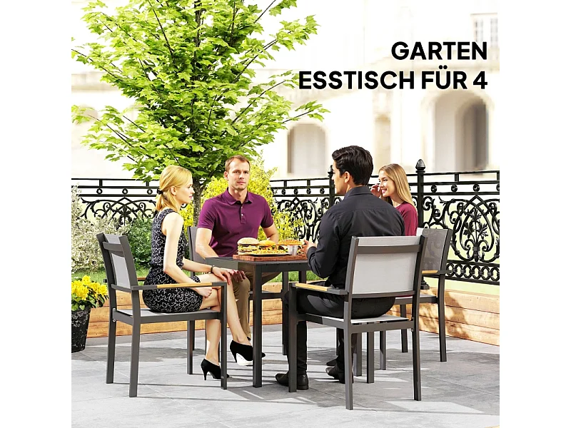 Table de jardin en aluminium, design résistant aux intempéries avec finition bois, noire, pour 4 personnes (73x73x72 cm)