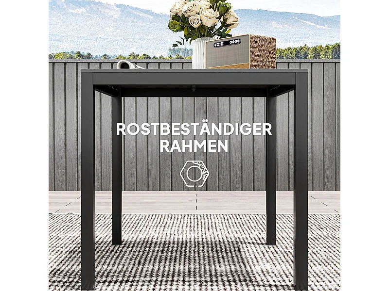 Table de jardin en aluminium, design résistant aux intempéries avec finition bois, noire, pour 4 personnes (73x73x72 cm)