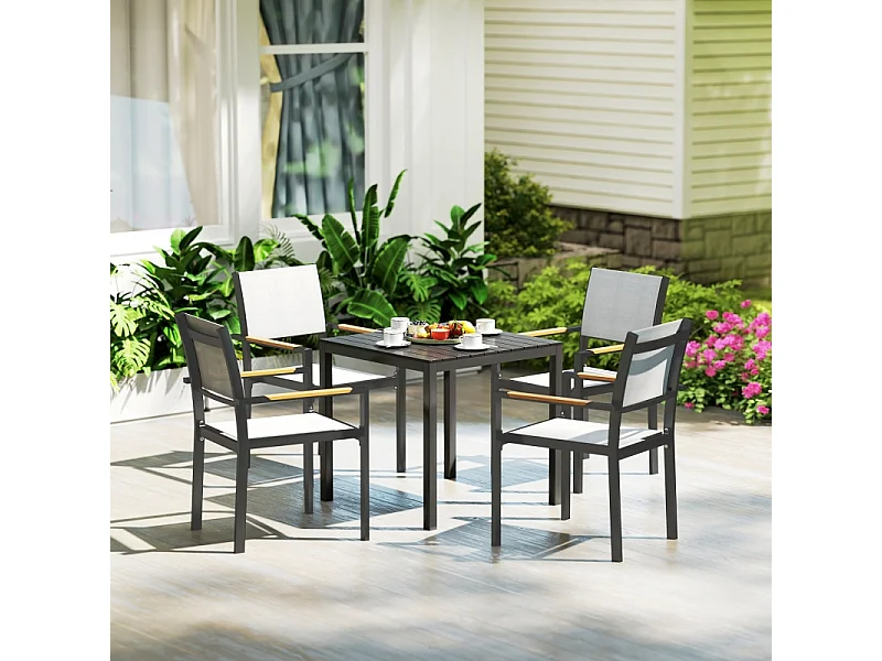 Table de jardin en aluminium, design résistant aux intempéries avec finition bois, noire, pour 4 personnes (73x73x72 cm)