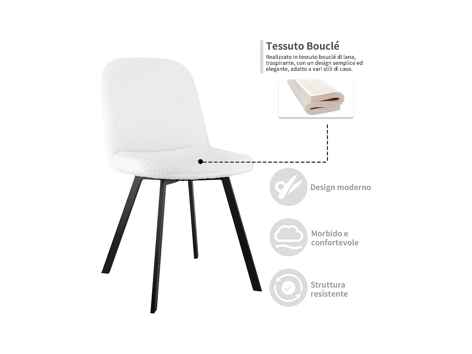 Set van 2 eetkamerstoelen in pluche-fleece stof, zachte vulling, metalen frame, beige (44x43x84 cm)