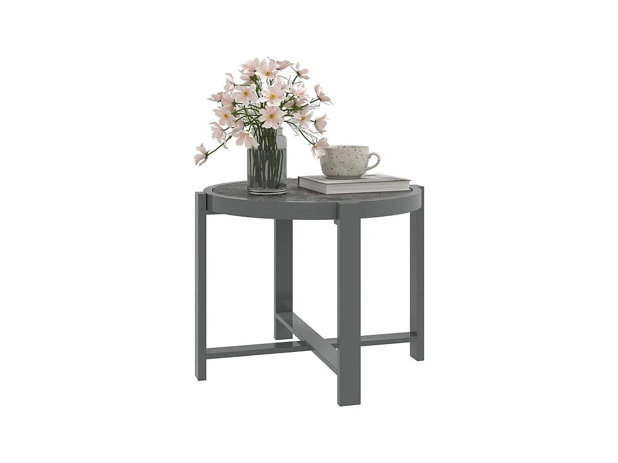 Ronde aluminium bijzettafel, marmerlook, voor buiten en binnen, grijs, (60x60x46 cm)
