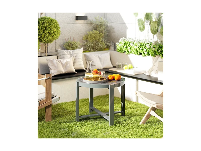 Ronde aluminium bijzettafel, marmerlook, voor buiten en binnen, grijs, (60x60x46 cm)