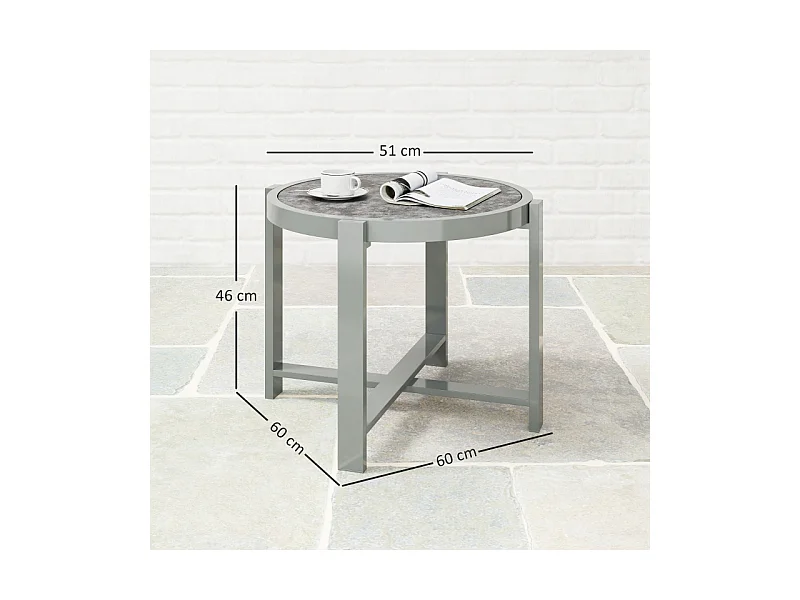 Ronde aluminium bijzettafel, marmerlook, voor buiten en binnen, grijs, (60x60x46 cm)