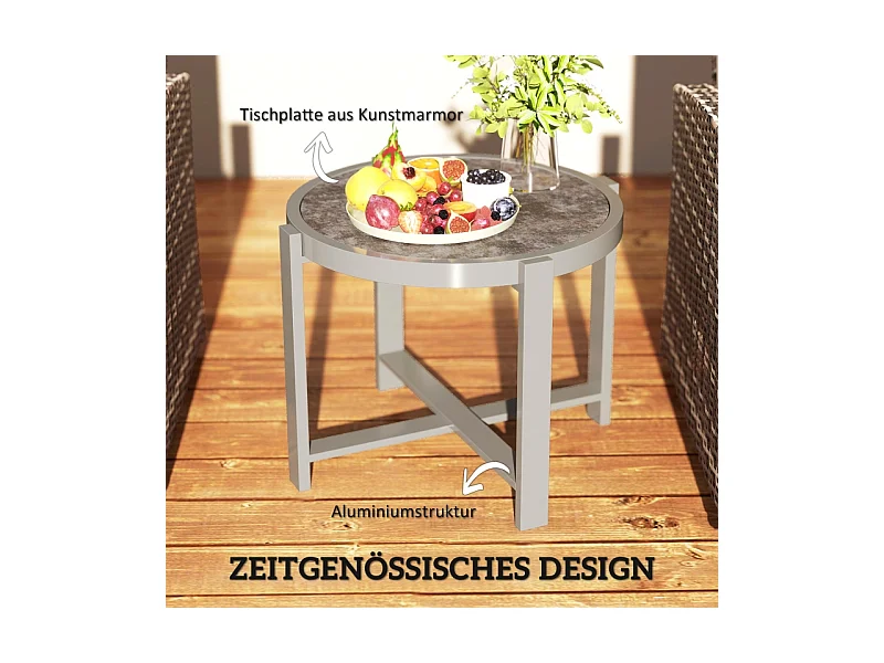 Ronde aluminium bijzettafel, marmerlook, voor buiten en binnen, grijs, (60x60x46 cm)