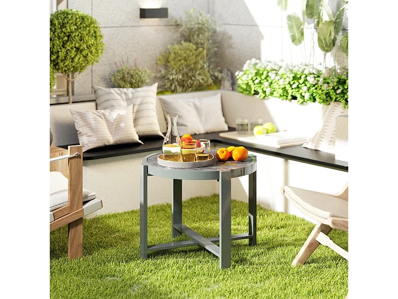 Table d'appoint ronde en aluminium, effet marbre, pour extérieur et intérieur, gris, (60x60x46 cm)