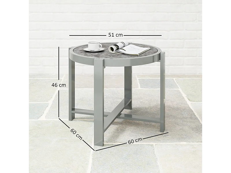 Table d'appoint ronde en aluminium, effet marbre, pour extérieur et intérieur, gris, (60x60x46 cm)