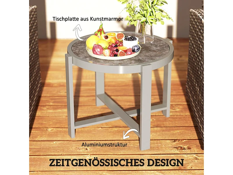 Table d'appoint ronde en aluminium, effet marbre, pour extérieur et intérieur, gris, (60x60x46 cm)